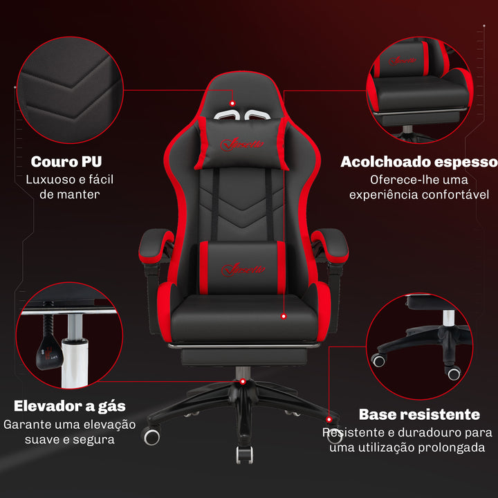 Cadeira Gaming Ergonómica Reclinável 135° Cadeira Gamer Racing de Couro PU com Suporte Lombar Altura Ajustável Apoio para a Cabeça e Apoio para os Pés Retrátil 65x65x129 cm Preto e Vermelho