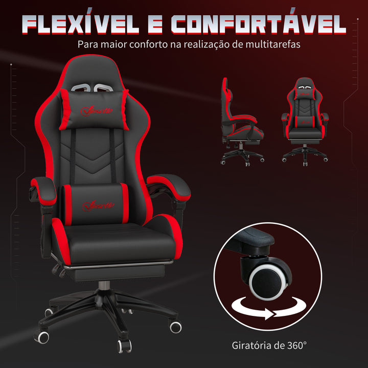 Cadeira Gaming Ergonómica Reclinável 135° Cadeira Gamer Racing de Couro PU com Suporte Lombar Altura Ajustável Apoio para a Cabeça e Apoio para os Pés Retrátil 65x65x129 cm Preto e Vermelho