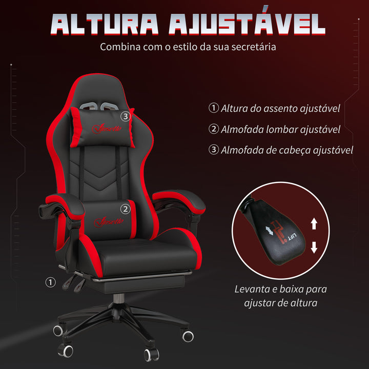 Cadeira Gaming Ergonómica Reclinável 135° Cadeira Gamer Racing de Couro PU com Suporte Lombar Altura Ajustável Apoio para a Cabeça e Apoio para os Pés Retrátil 65x65x129 cm Preto e Vermelho