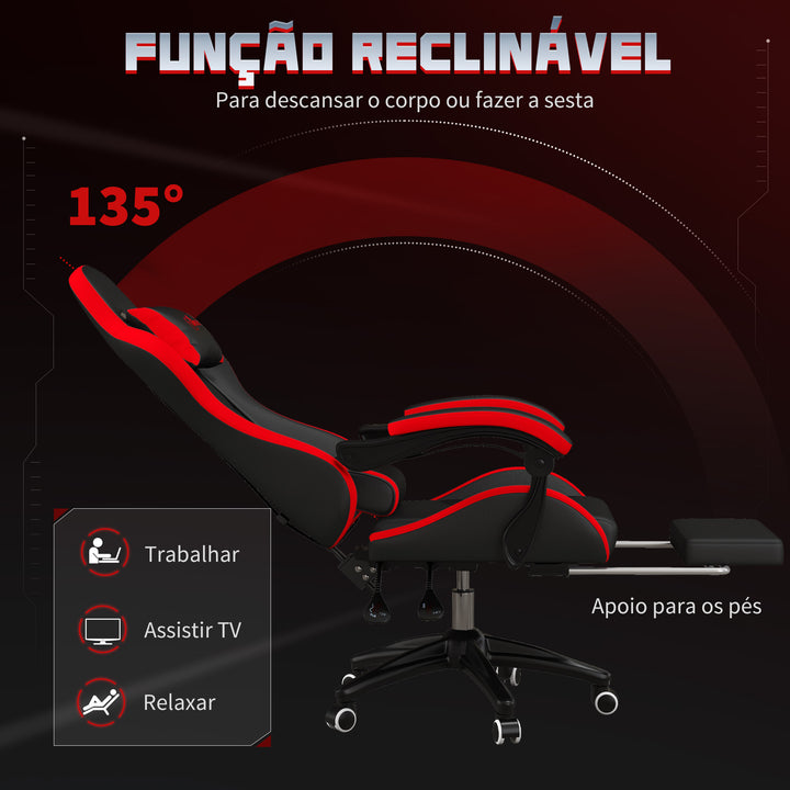 Cadeira Gaming Ergonómica Reclinável 135° Cadeira Gamer Racing de Couro PU com Suporte Lombar Altura Ajustável Apoio para a Cabeça e Apoio para os Pés Retrátil 65x65x129 cm Preto e Vermelho