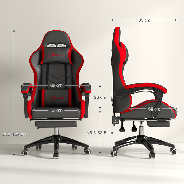 Cadeira Gaming Ergonómica Reclinável 135° Cadeira Gamer Racing de Couro PU com Suporte Lombar Altura Ajustável Apoio para a Cabeça e Apoio para os Pés Retrátil 65x65x129 cm Preto e Vermelho