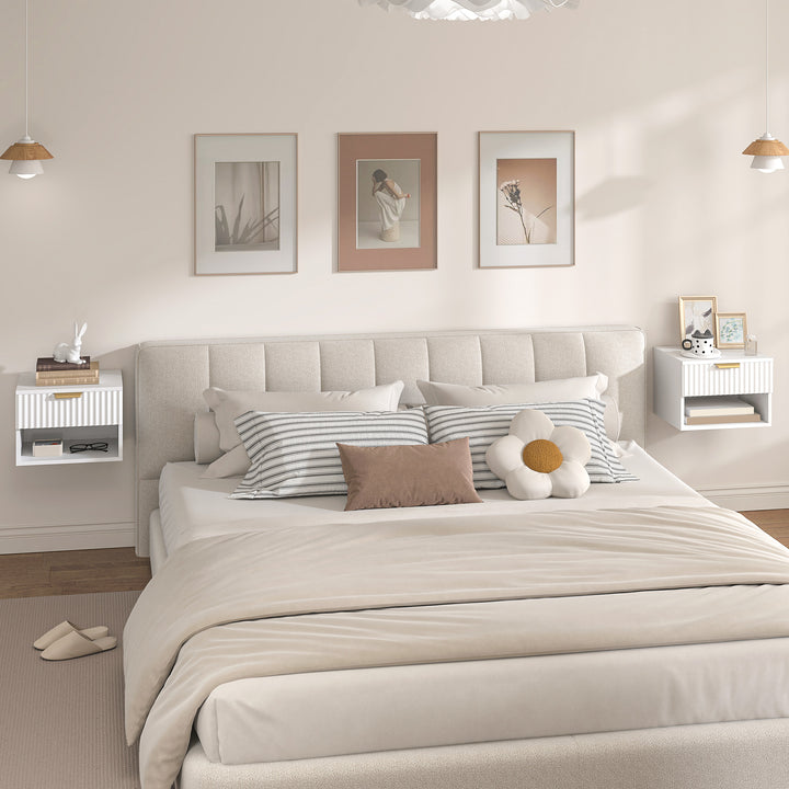 Conjunto de 2 Mesas de Cabeceira Flutuantes Estreitas Mesas de Cabeceira para Quarto com Gaveta com Frente Canelada e Prateleira Aberta 40x34x29 cm Branco