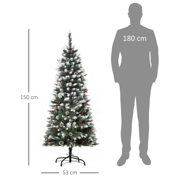 Árvore de Natal Artificial 150cm Ignífugo com 408 Ramos 28 Bagas 24 Pinhas Folhas de PVC e Suporte Metálico Decoração de Natal para Interiores Verde