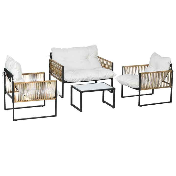Conjunto de Móveis de Jardim de Vime Sintético Conjunto de 4 Peças Móveis de Jardim com 2 Poltronas 1 Sofá de 2 Lugares 1 Mesa de Centro e Almofadas Creme