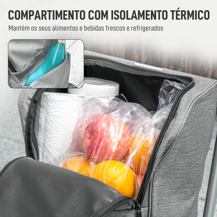 Carrinho de Compras Dobrável de 46 L de Alumínio com Saco Térmico 3 em 1 com 6 Rodas e Asa Ajustável 44x58x100 cm Cinzento