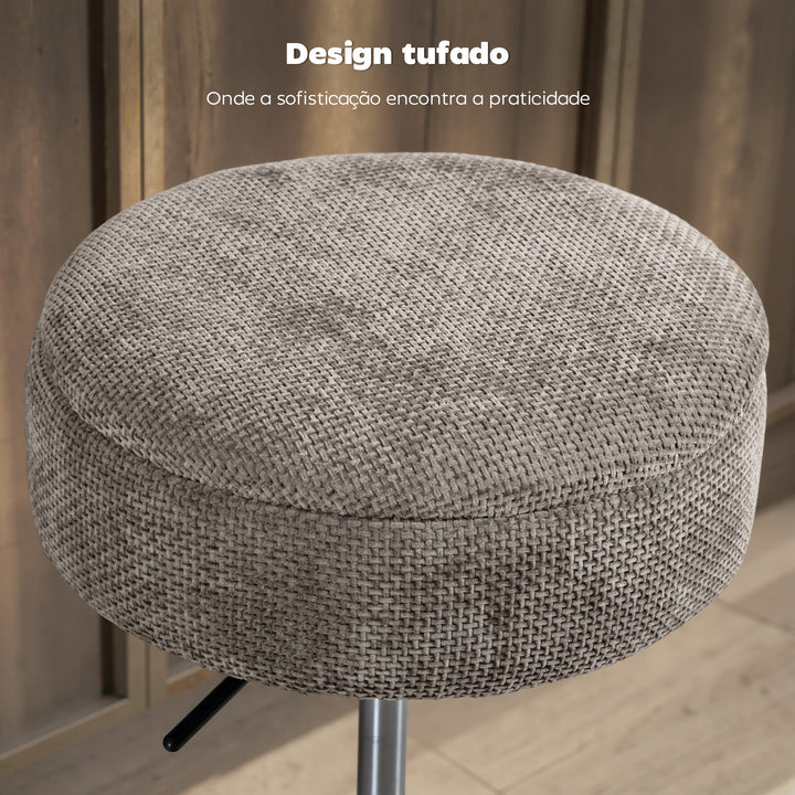 Banco de Bar com Armazenamento Altura Ajustável Banco de Cozinha Redondo Giratório Estofado em Chenilla Base em Aço Acolchoado para Sala de Estar Sala de Jantar Escritório 39x39x49-65 cm Cinzento