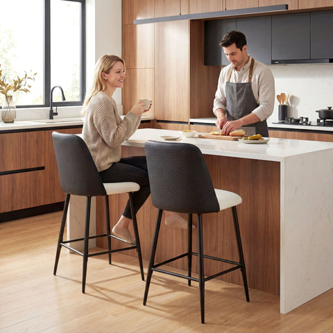 Conjunto de 2 Bancos de Bar Bancos Altos de Cozinha com Encosto e Descanso para os Pés Revestidos em Linho e PU Estrutura de Aço Assento com Altura de 65 cm para Bancada Sala de Jantar Preto