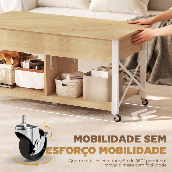 Mesa de Centro Elevatória com Rodas Mesa de Sala com Compartimento Oculto Prateleiras Abertas Mesa de Café para Sala de Jantar Escritório 105x50x67 cm Madeira e Branco