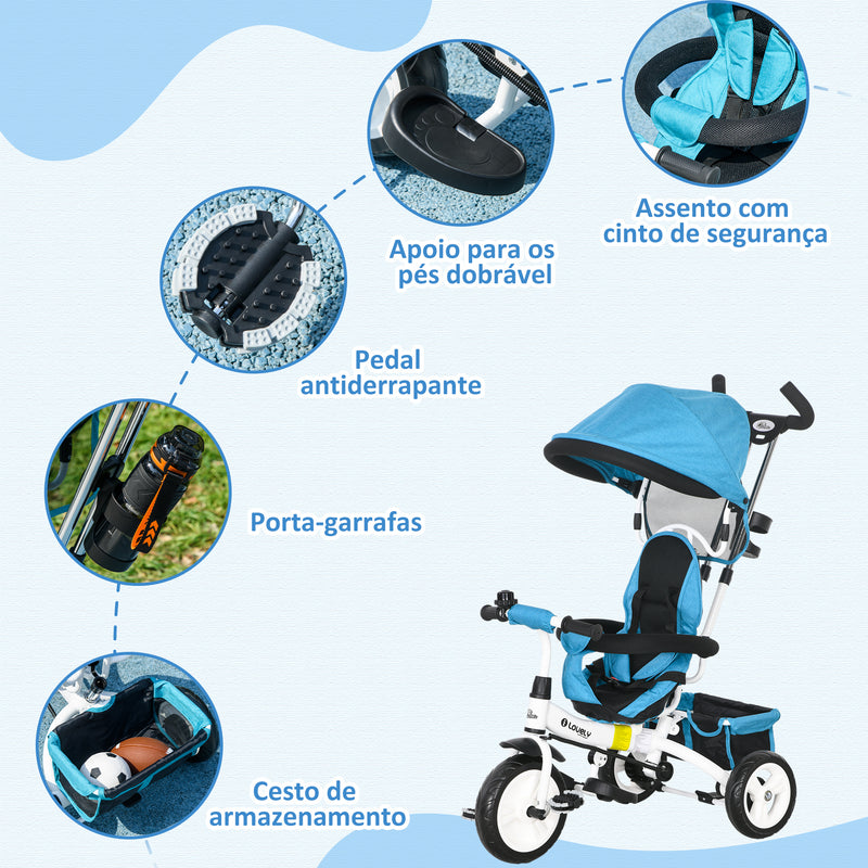 Triciclo para Bebés 2 em 1 Triciclo Evolutivo para Crianças de +12 Meses com Toldo Dobrável Guiador Telescópico e Removível Cinto de Segurança e Cesto 95x50x106 cm Azul