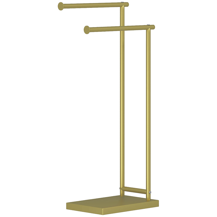 Toalheiro de Pé de 2 Níveis Toalheiro para Casa de Banho com 2 Barras e Estrutura Metálica Estilo Moderno em Forma de L 35,5x20x78 cm Dourado
