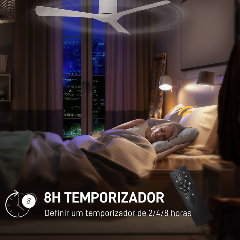 Ventoinha de Teto 29W com Controlo Remoto Ventoinha de Teto Silencioso Ø129 cm com 3 Lâminas Reversíveis 6 Velocidades e Temporizador para Quarto Sala Branco