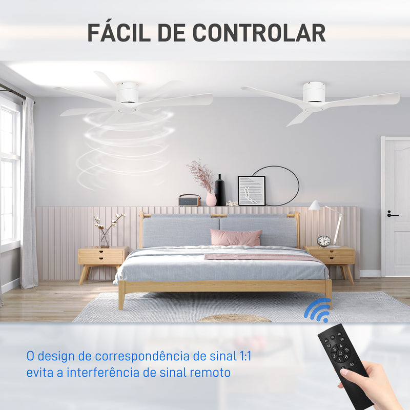 Ventoinha de Teto 29W com Controlo Remoto Ventoinha de Teto Silencioso Ø129 cm com 3 Lâminas Reversíveis 6 Velocidades e Temporizador para Quarto Sala Branco