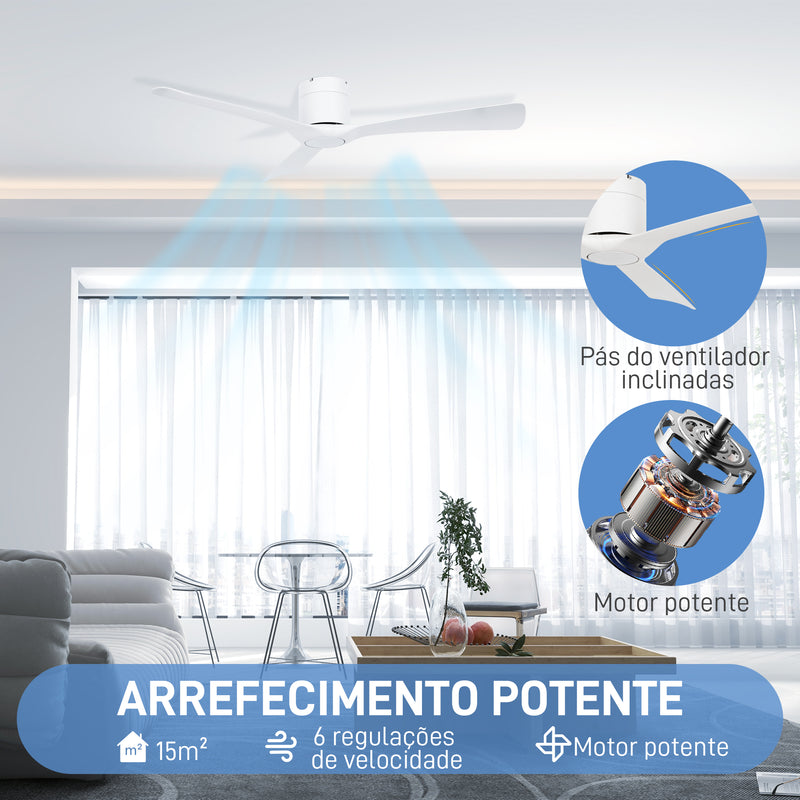 Ventoinha de Teto 29W com Controlo Remoto Ventoinha de Teto Silencioso Ø129 cm com 3 Lâminas Reversíveis 6 Velocidades e Temporizador para Quarto Sala Branco