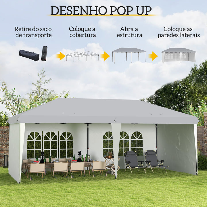 Tenda Dobrável 6x3 m Pop-up com 4 Laterais Desmontáveis Tenda de Jardim com 2 Janelas Visíveis Saco de Transporte Impermeável Anti-UV Tenda para Campismo Festas Exterior Branco