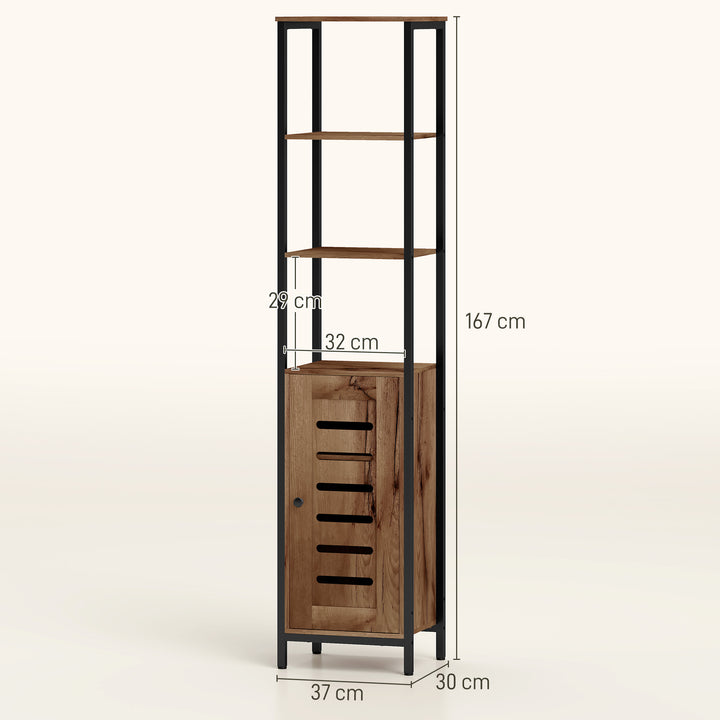 Coluna Casa de Banho Armário Alto Casa de Banho Estreito com Porta de Ripas Prateleiras Ajustáveis Compartimentos Abertos Estrutura de Aço 37x30x167 cm Castanho Rústico