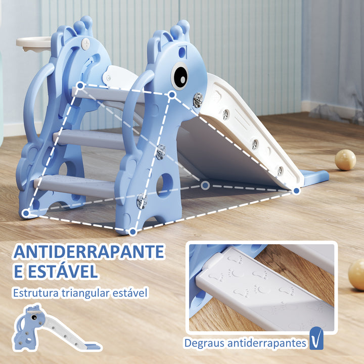 Escorrega Infantil 3 em 1 Escorrega para Crianças de 1 a 3 Anos com Escada Tabela de Basquetebol e Desenho de Girafa para Interior 106x51,5x52 cm Azul Claro