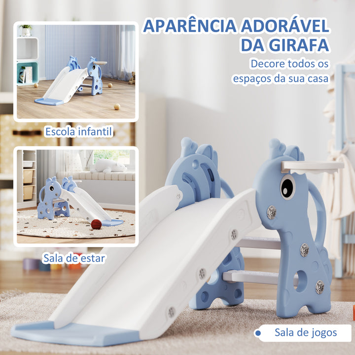 Escorrega Infantil 3 em 1 Escorrega para Crianças de 1 a 3 Anos com Escada Tabela de Basquetebol e Desenho de Girafa para Interior 106x51,5x52 cm Azul Claro