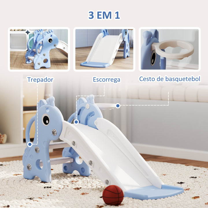 Escorrega Infantil 3 em 1 Escorrega para Crianças de 1 a 3 Anos com Escada Tabela de Basquetebol e Desenho de Girafa para Interior 106x51,5x52 cm Azul Claro