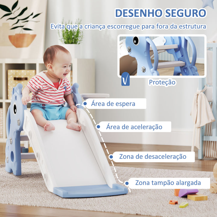 Escorrega Infantil 3 em 1 Escorrega para Crianças de 1 a 3 Anos com Escada Tabela de Basquetebol e Desenho de Girafa para Interior 106x51,5x52 cm Azul Claro