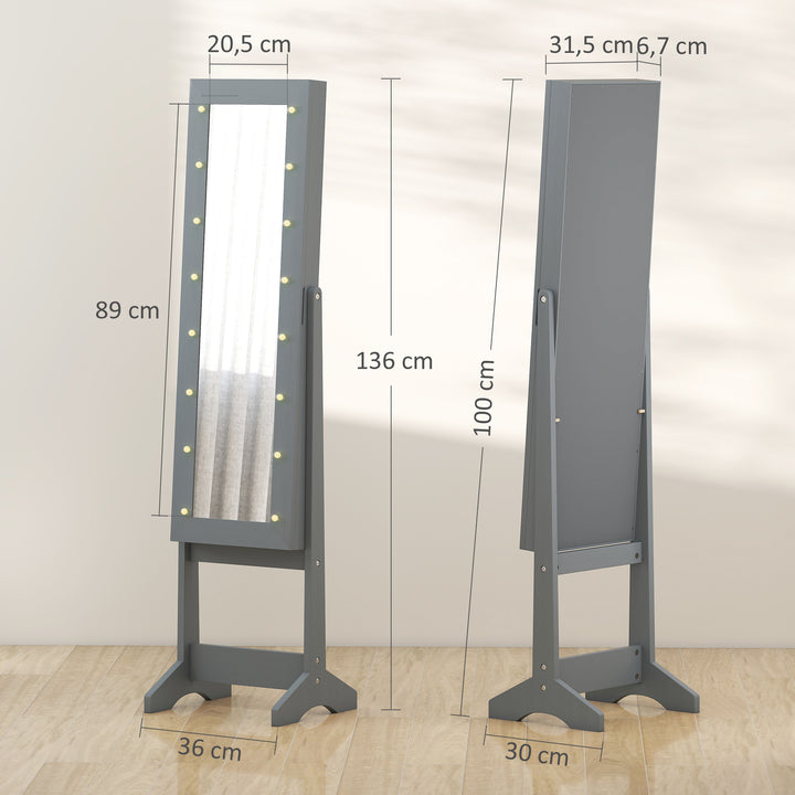 Espelho Joalheiro com Luzes LED Armário para Joias Joalheiro de Pé com Espelho Completo Ângulo Ajustável com Prateleiras Ranuras para Anéis 36x30x136 cm Cinzento