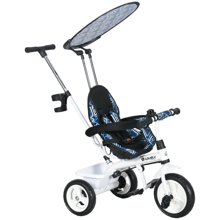 Triciclo para Bebés 2 em 1 Triciclo Evolutivo para Crianças de +12 Meses com Toldo Dobrável Guiador Telescópico e Removível Assento Ajustável Cesto e Suporte para Garrafa 105x47x98 cm Branco