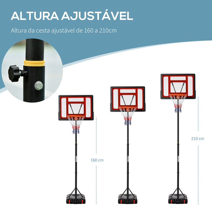 Cesta de Basquetebol Ajustável de 160-210cm Aro de Basquetebol com Suporte de Aço Base Recarregável 2 Rodas para Crianças e Adultos 75x83x261cm Vermelho e Preto