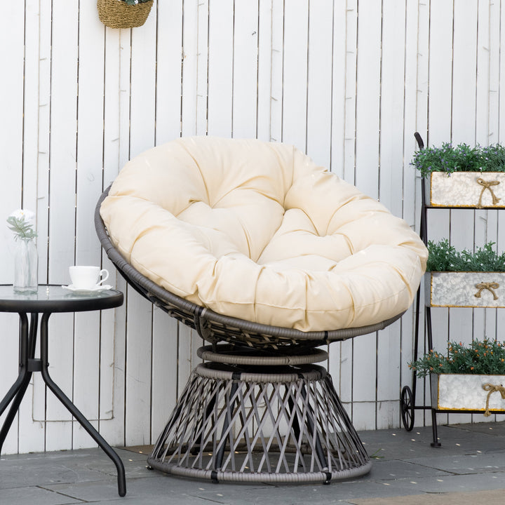 Poltrona Papasan Giratória de Vime Sintético Poltrona de Vime PE com Almofada e Estrutura de Aço Carga 160 kg para Jardim Terraço Pátio 87x97x90 cm Cinza e Creme