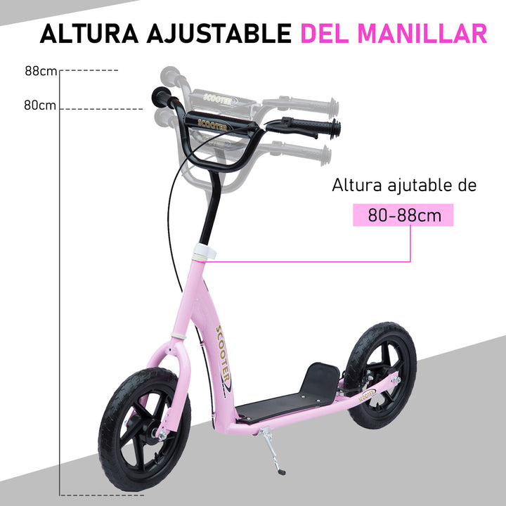 Trotinete para Crianças acima de 5 anos Scooter de 2 Rodas Grandes de 12 Polegadas com Freio e Guidão Ajustável em Altura Carga Máx. 100kg 120x52x80-88cm Rosa