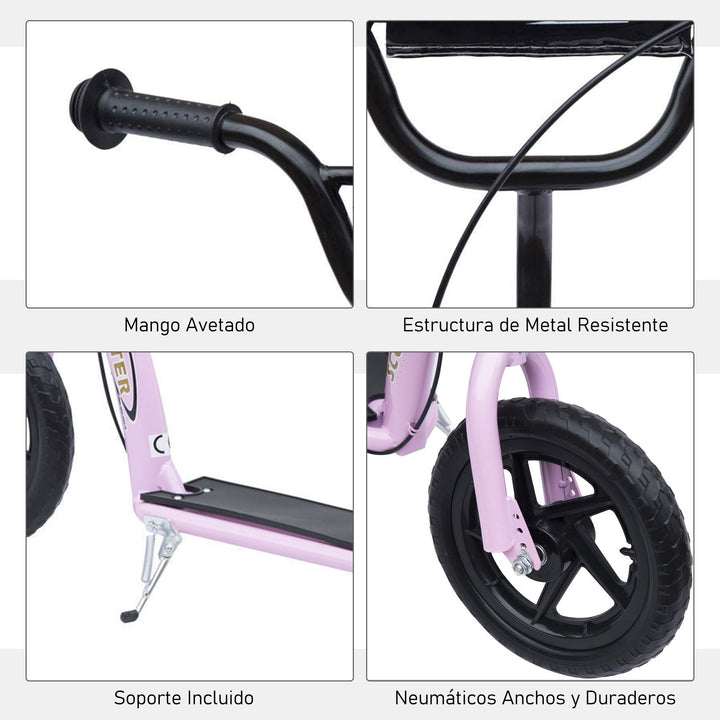 Trotinete para Crianças acima de 5 anos Scooter de 2 Rodas Grandes de 12 Polegadas com Freio e Guidão Ajustável em Altura Carga Máx. 100kg 120x52x80-88cm Rosa