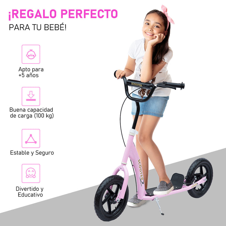 Trotinete para Crianças acima de 5 anos Scooter de 2 Rodas Grandes de 12 Polegadas com Freio e Guidão Ajustável em Altura Carga Máx. 100kg 120x52x80-88cm Rosa