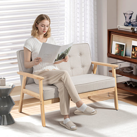 Sofá de 2 Lugares com Encosto e Almofadas Acolchoados Pés de Madeira Antiderrapantes para Sala de Estar Dormitório Oficina 113x67x78 cm Bege