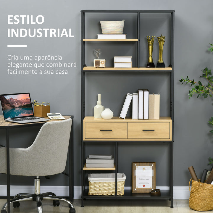 Estante Industrial de 5 Níveis Estante para Livros Móvel de Armazenamento com 2 Gavetas e Estrutura de Metal para Sala de Estar Escritório 80x30x170,5 cm Madeira e Preto