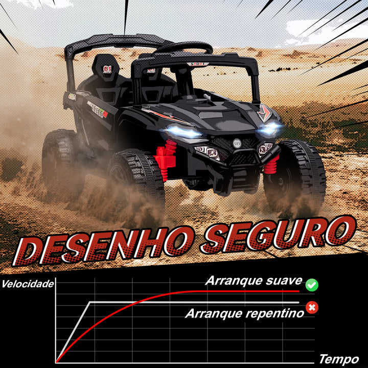 Carro Elétrico para Crianças 12V Carro a Bateria UTV com 2 Motores Controlo Remoto 2,4G Suspensão Traseira Faróis Música para Crianças acima de 3 Anos 88x57,5x55,5 cm Preto