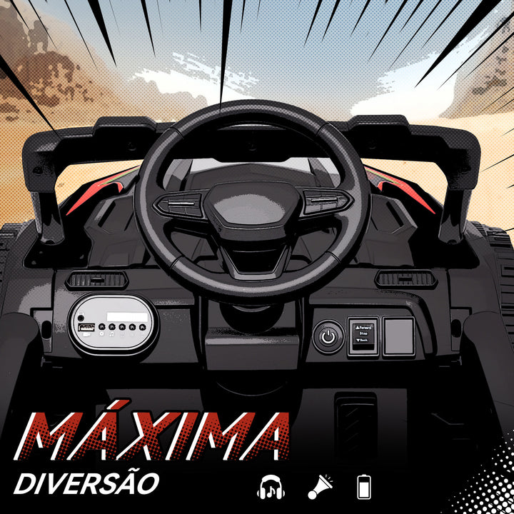 Carro Elétrico para Crianças 12V Carro a Bateria UTV com 2 Motores Controlo Remoto 2,4G Suspensão Traseira Faróis Música para Crianças acima de 3 Anos 88x57,5x55,5 cm Preto