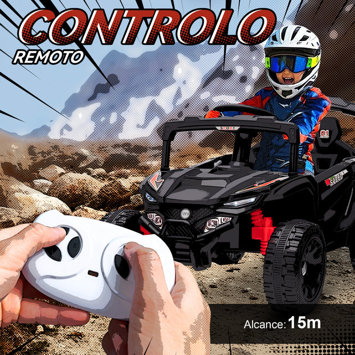Carro Elétrico para Crianças 12V Carro a Bateria UTV com 2 Motores Controlo Remoto 2,4G Suspensão Traseira Faróis Música para Crianças acima de 3 Anos 88x57,5x55,5 cm Preto