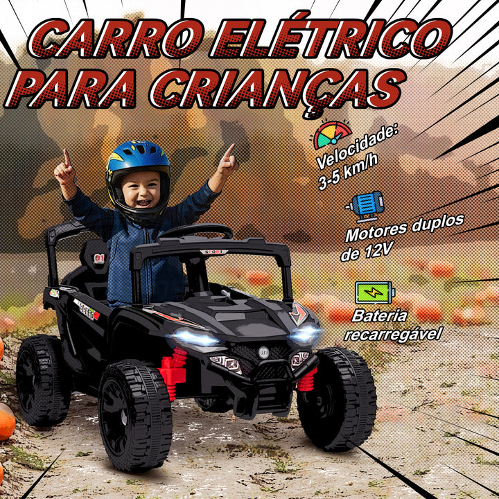 Carro Elétrico para Crianças 12V Carro a Bateria UTV com 2 Motores Controlo Remoto 2,4G Suspensão Traseira Faróis Música para Crianças acima de 3 Anos 88x57,5x55,5 cm Preto