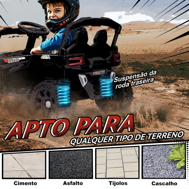 Carro Elétrico para Crianças 12V Carro a Bateria UTV com 2 Motores Controlo Remoto 2,4G Suspensão Traseira Faróis Música para Crianças acima de 3 Anos 88x57,5x55,5 cm Preto