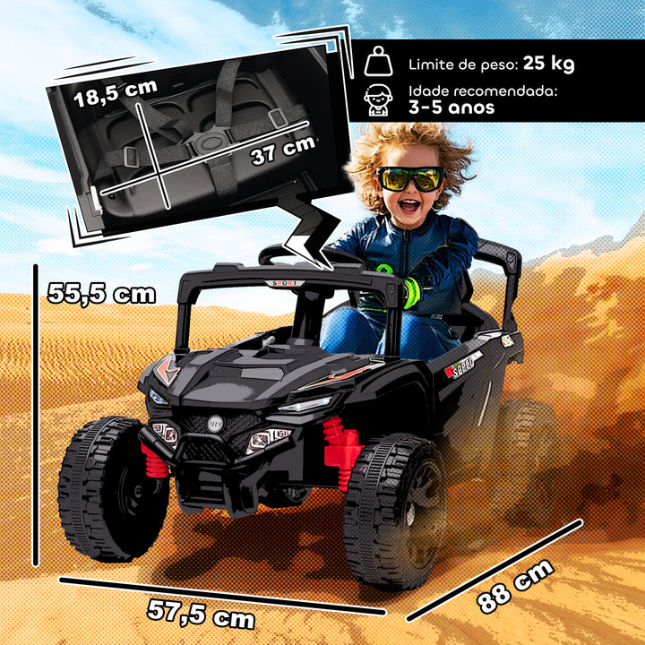 Carro Elétrico para Crianças 12V Carro a Bateria UTV com 2 Motores Controlo Remoto 2,4G Suspensão Traseira Faróis Música para Crianças acima de 3 Anos 88x57,5x55,5 cm Preto