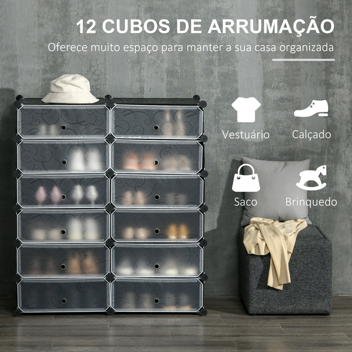 Sapateira Modular de Cubos de Plástico Armário Modular para Sapatos com 12 Cubos com Porta Desenho de DIY para Entrada Dormitório 94x37x108 cm Preto