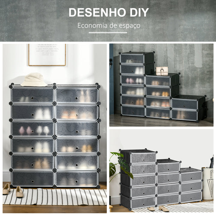 Sapateira Modular de Cubos de Plástico Armário Modular para Sapatos com 12 Cubos com Porta Desenho de DIY para Entrada Dormitório 94x37x108 cm Preto