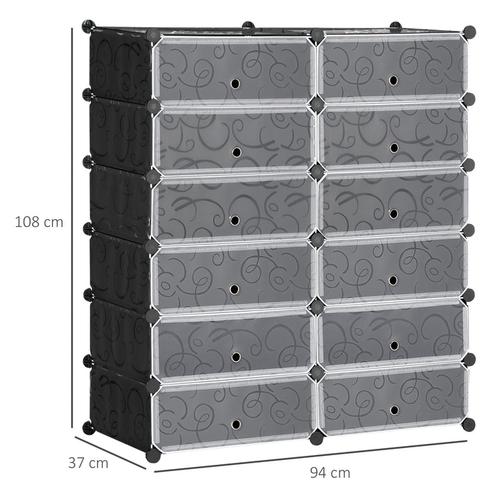 Sapateira Modular de Cubos de Plástico Armário Modular para Sapatos com 12 Cubos com Porta Desenho de DIY para Entrada Dormitório 94x37x108 cm Preto