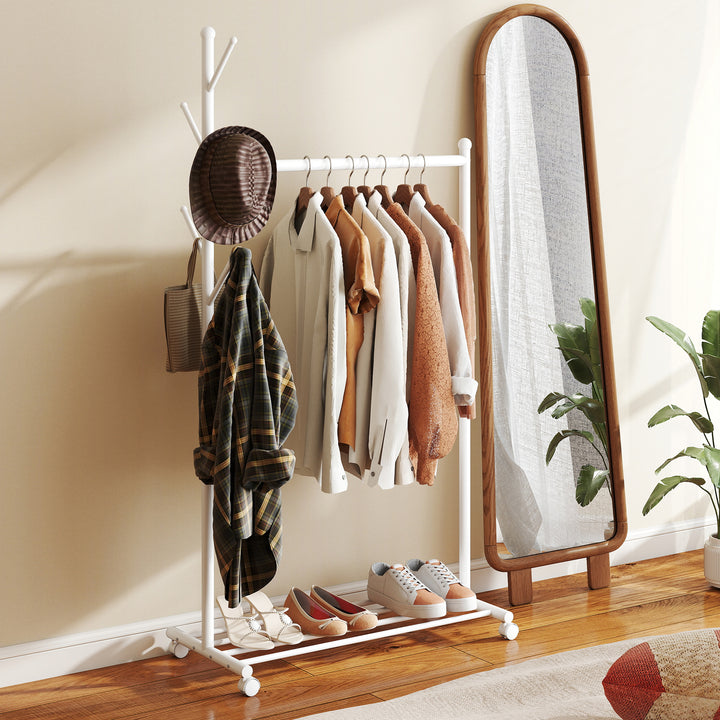 Charriot com Rodas Charriot com 5 Ganchos Barra para Pendurar e Prateleira Inferior Charriot para Dormitório Lavandaria 86x43x171 cm Branco