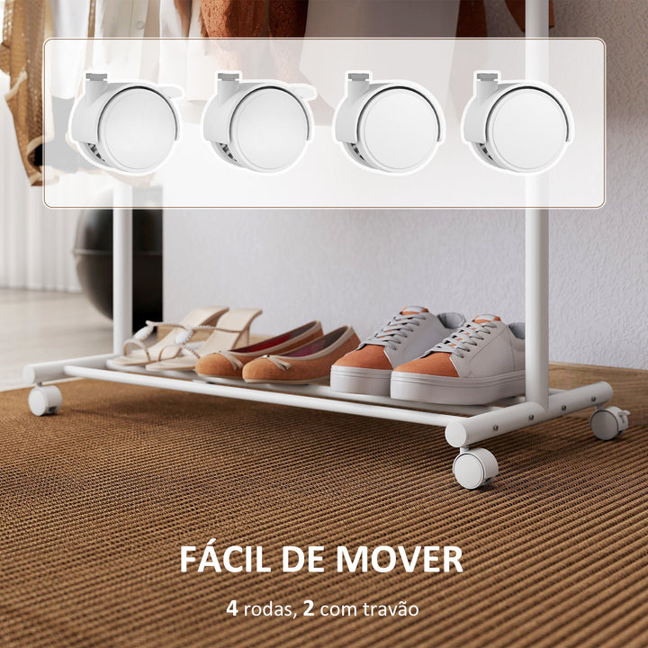 Charriot com Rodas Charriot com 5 Ganchos Barra para Pendurar e Prateleira Inferior Charriot para Dormitório Lavandaria 86x43x171 cm Branco