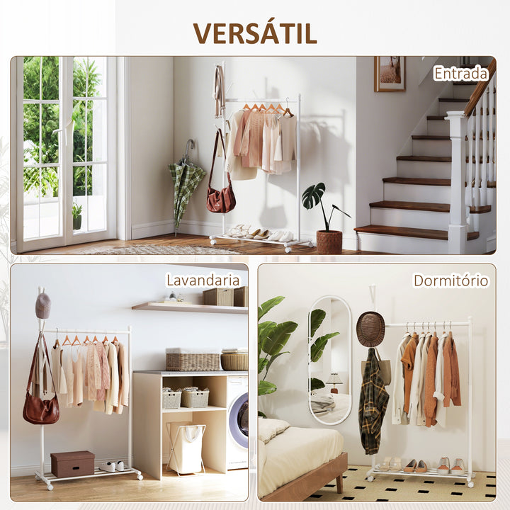 Charriot com Rodas Charriot com 5 Ganchos Barra para Pendurar e Prateleira Inferior Charriot para Dormitório Lavandaria 86x43x171 cm Branco