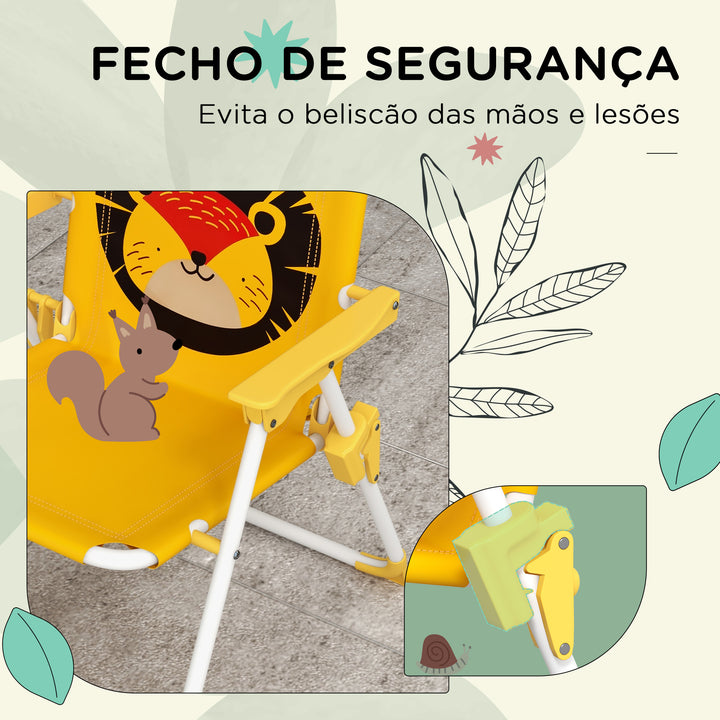 Conjunto Infantil de Mesa e Cadeiras de Exterior Conjunto de 2 Cadeiras Dobráveis e Mesa para Crianças Mesa com Chapéu de Sol Ajustável em Altura Tema de Leão para Jardim Pátio Amarelo e Castanho
