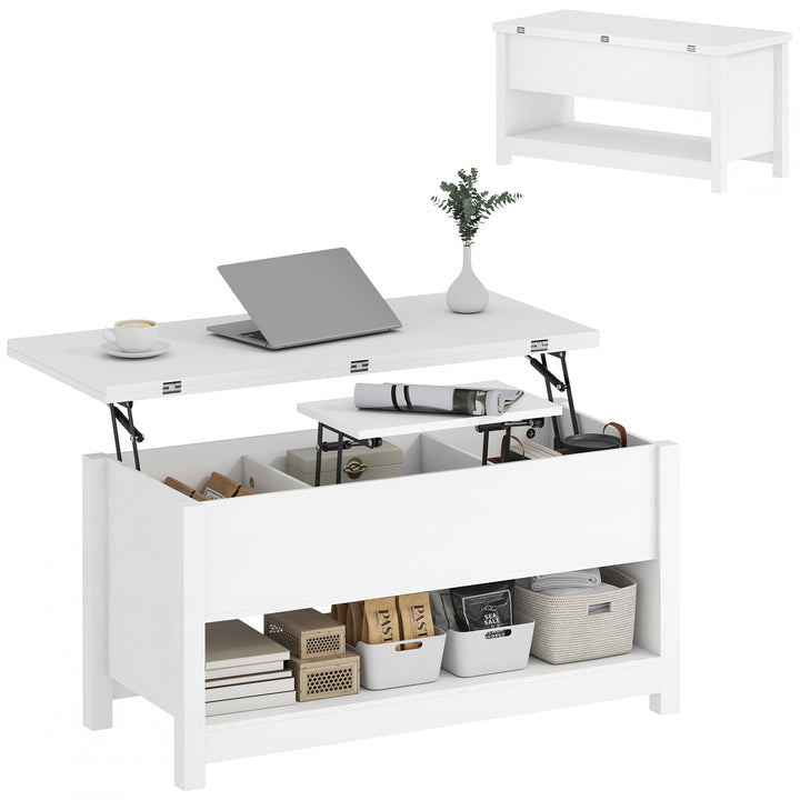 Mesa de Centro Elevatória e Extensível com Compartimentos Ocultos e Prateleira Aberta para Sala de Estar Escritório 100x90x64 cm Branco