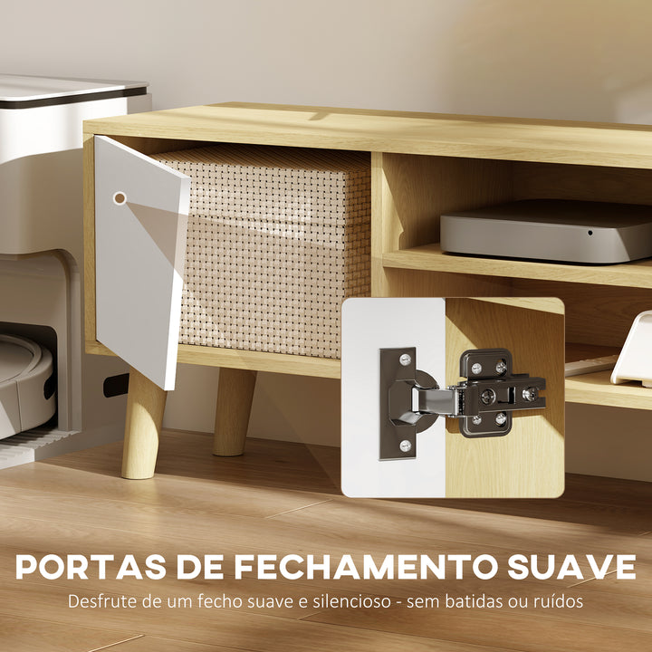 Móvel de TV Móvel para Sala de Estar para TV com 2 Portas 2 Estantes e 5 Pés de Madeira de Borracha para Televisores de até 65 Polegadas 150x30x42 cm Madeira e Branco