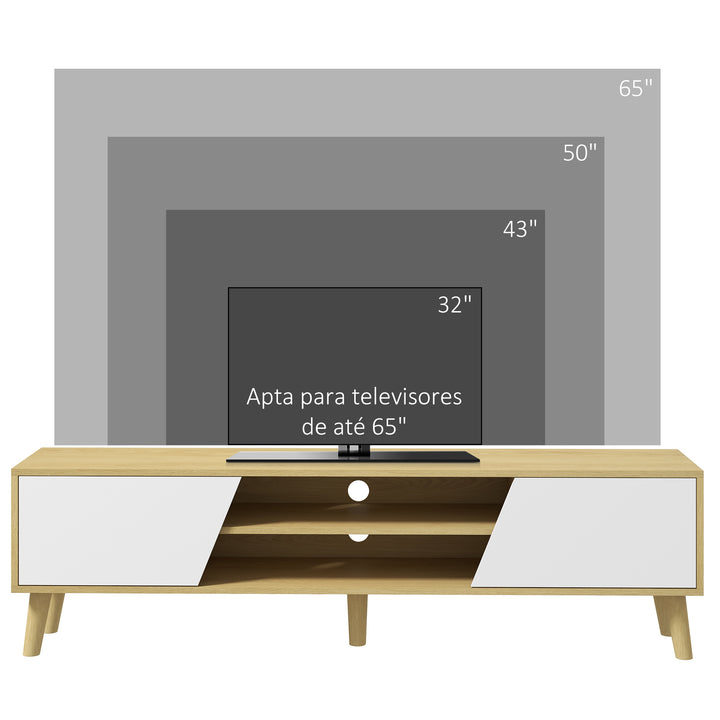 Móvel de TV Móvel para Sala de Estar para TV com 2 Portas 2 Estantes e 5 Pés de Madeira de Borracha para Televisores de até 65 Polegadas 150x30x42 cm Madeira e Branco
