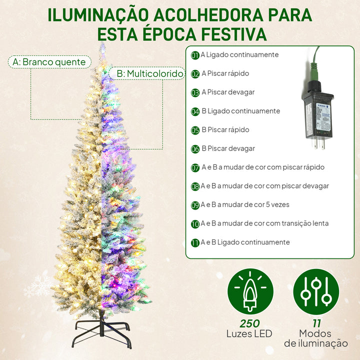 Árvore de Natal Estreita 210 cm Árvore de Natal Nevada com Luzes LED Bicolores 11 Modos de Iluminação 687 Ramos Suporte Metálico Montagem Fácil Verde