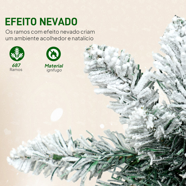 Árvore de Natal Estreita 210 cm Árvore de Natal Nevada com Luzes LED Bicolores 11 Modos de Iluminação 687 Ramos Suporte Metálico Montagem Fácil Verde